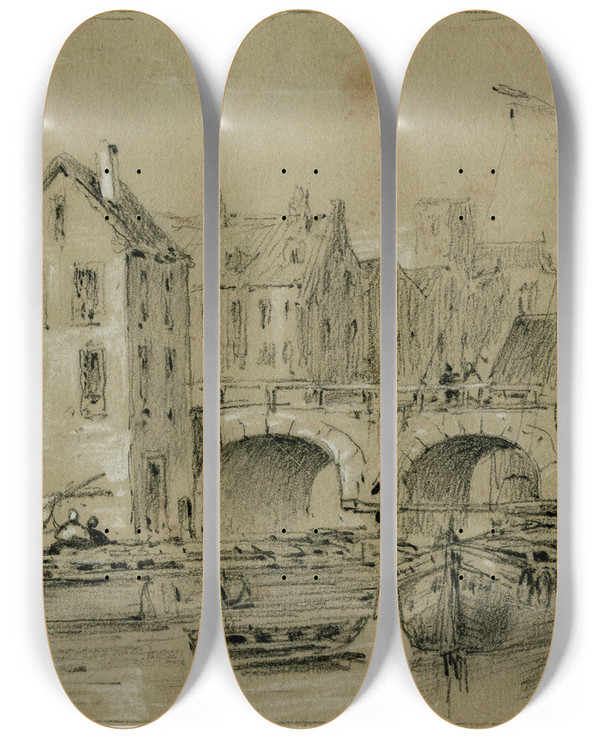 Triptych art skateboard deck of Pieter Van Loon Schepen Aangemeerd Aan De Kade In Stad Bij Boogbrug by Pieter Van Loon (1801-1873)