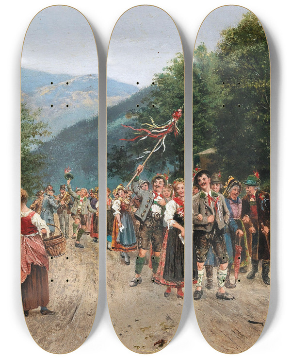 Triptych art skateboard deck of Johann Hamza The Peasant Wedding by Johann Hamza (1850-1927)