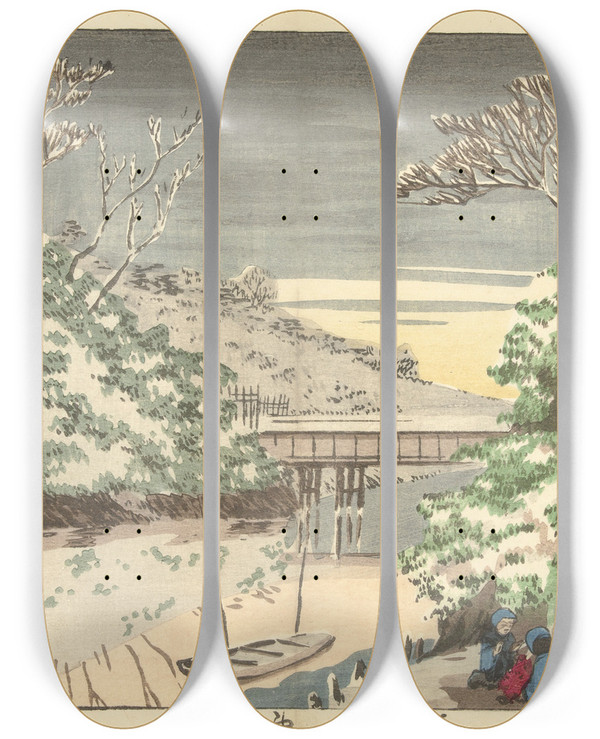 Triptych art skateboard deck of Kobayashi Kiyochika Snow At Ochanomizu_1 by Kobayashi Kiyochika (1847-1915)