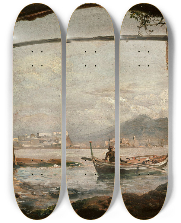 Triptych art skateboard deck of Johan Christian Dahl View From A Grotto Near Posillipo by Johan Christian Dahl (1788-1857)