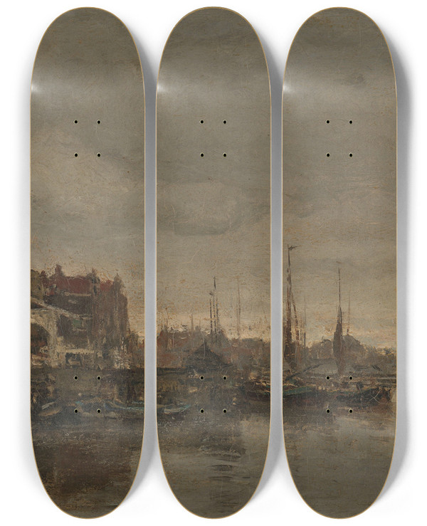 Triptych art skateboard deck of Jacob Maris De Schreierstoren Met De Brug Over De Gelderse Kade Te Amsterdam by Jacob Maris (1837-1899)
