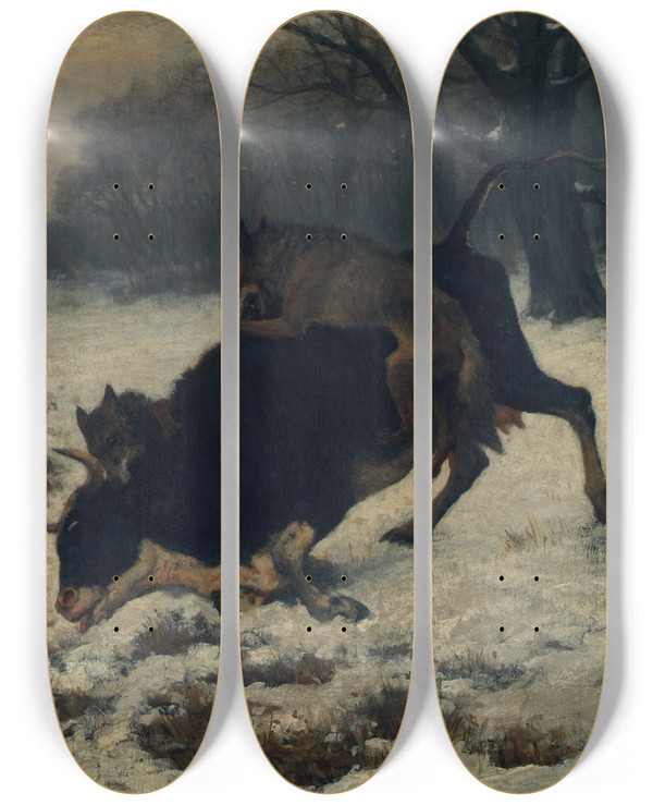Triptych art skateboard deck of Otto Von Thoren Eine Kuh Wird Von Wlfen Angefallen by Otto Von Thoren (1823-1889)