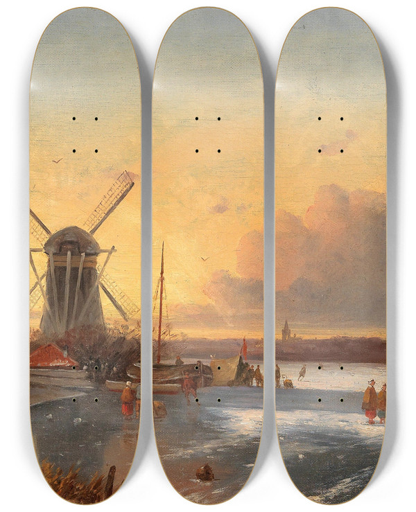 Triptych art skateboard deck of Jan Jacob Coenraad Spohler Fun On The Ice by Jan Jacob Coenraad Spohler (1837-1923)
