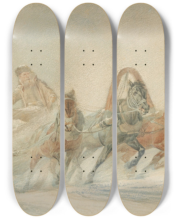 Triptych art skateboard deck of Rudolf Fedorovich Frentz A Russian Troika In The Snow by Rudolf Fedorovich Frentz (1831-1918)
