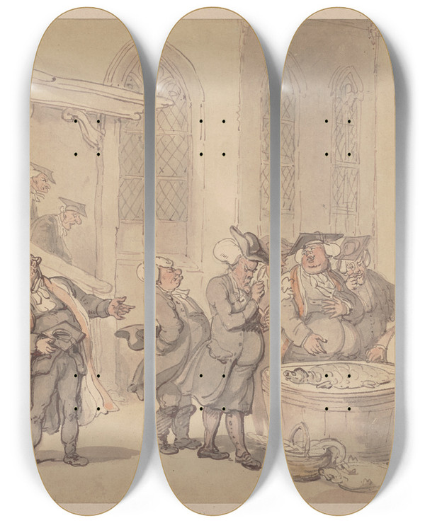 Triptych art skateboard deck of Thomas Rowlandson College Dons Epicures by Thomas Rowlandson (1756-1827)