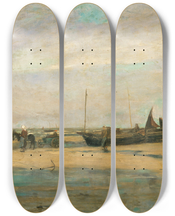 Triptych art skateboard deck of Louis Artan Seascape At De Panne by Louis Artan (1837-1890)