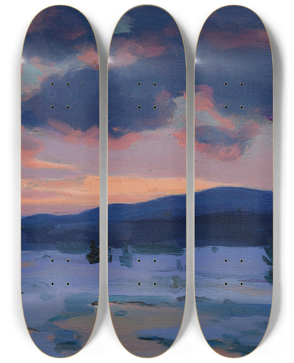 Triptych art skateboard deck of Clarence Alphonse Gagnon Crpuscule Dhiver Baie St Paul by Clarence Alphonse Gagnon (1881-1942)