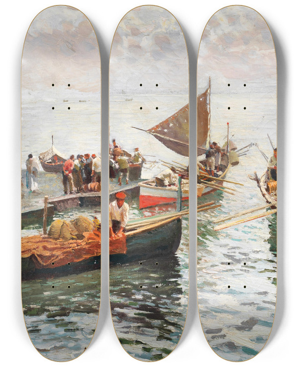 Triptych art skateboard deck of Attilio Pratella The Homecoming Of The Fishermen by Attilio Pratella (1856-1949)