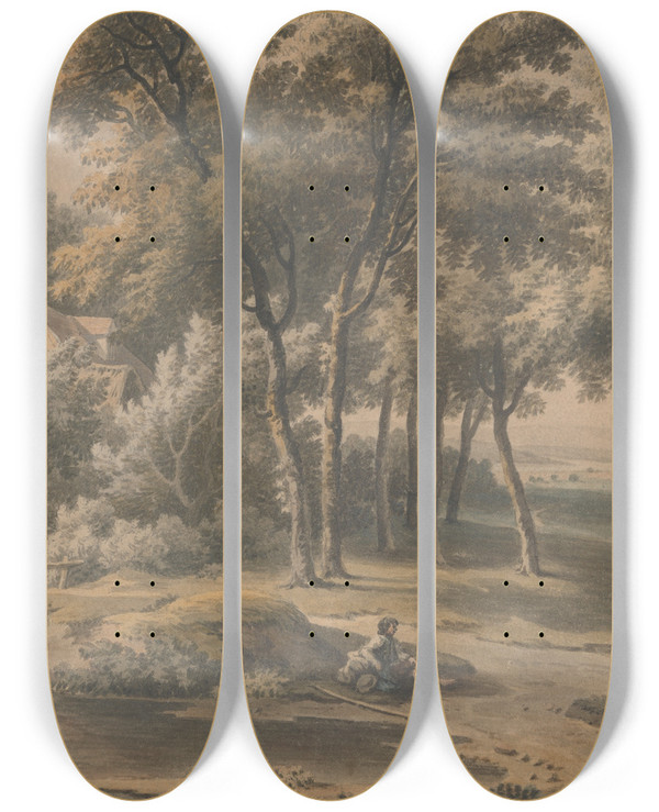 Triptych art skateboard deck of George Lambert A Woody Landscape by George Lambert (1699-1765)