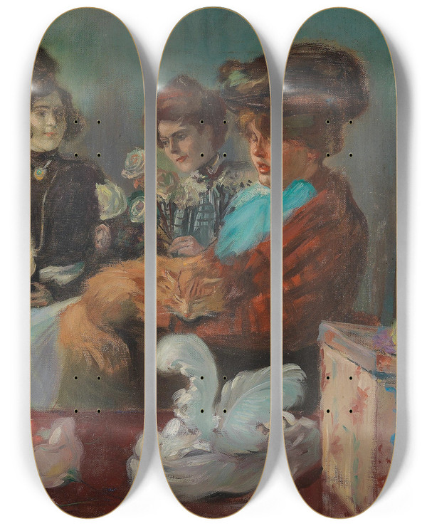 Triptych art skateboard deck of Pierre Georges Jeanniot At The Milliner by Pierre Georges Jeanniot (1848-1934)