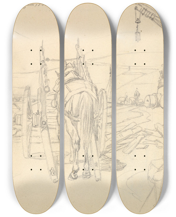 Triptych art skateboard deck of Johann Adam Klein View Of The Alter Kranen In Wrzburg by Johann Adam Klein (1792-1875)