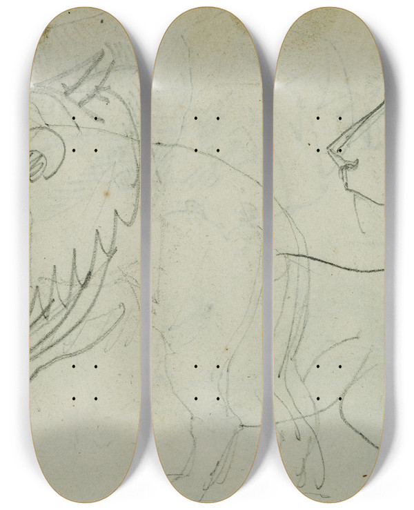 Triptych art skateboard deck of Thodore Gricault Lion Studies_2 by Theodore Gericault (1791-1824)