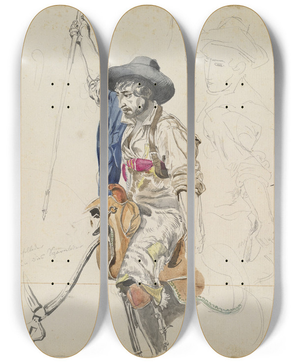 Triptych art skateboard deck of Friedrich Von Nerly Campagniolo Romano by Friedrich Von Nerly (1807-1878)