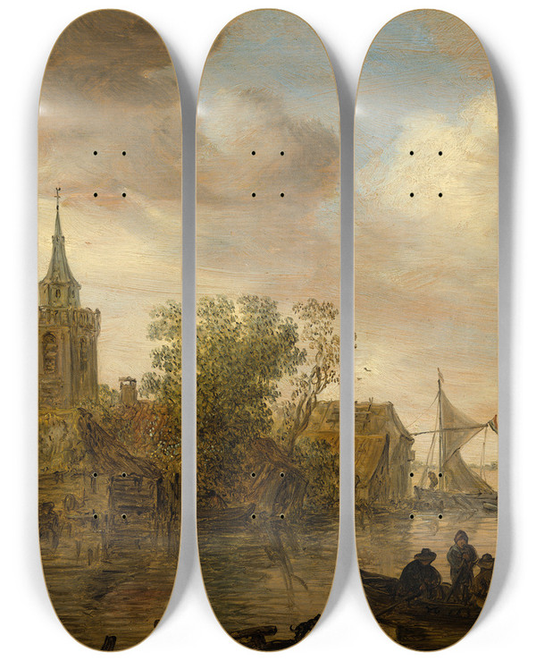 Triptych art skateboard deck of Jan Van Goyen River View With Church And Farmhouse by Jan Van Goyen (1596-1656)