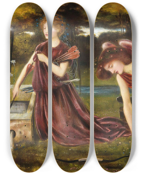 Triptych art skateboard deck of Edward Clifford The Forge Of Cupid by Edward Clifford (1844-1907)