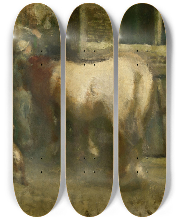 Triptych art skateboard deck of Jan Stobbaerts At The Slaughterhouse by Jan Stobbaerts (1838-1914)