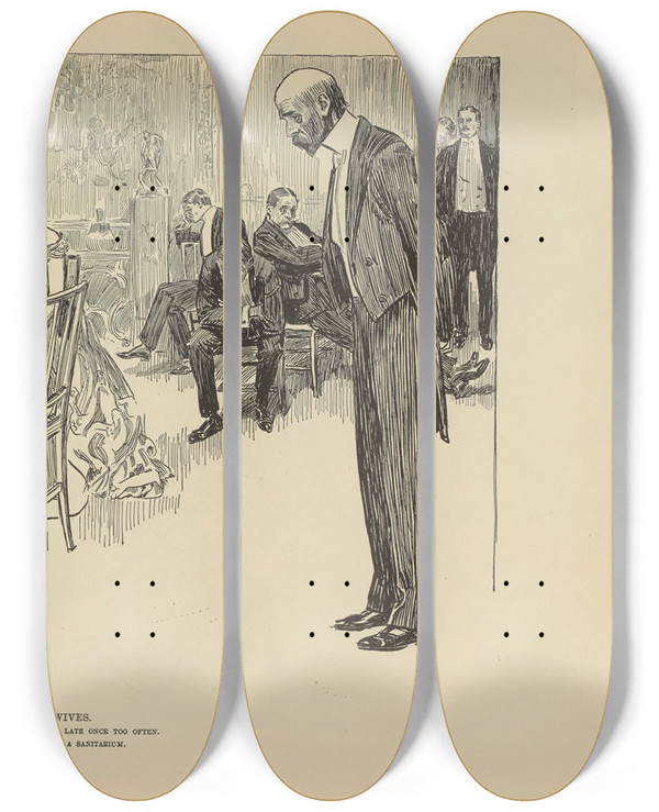 Triptych art skateboard deck of Charles Dana Gibson A Warning To Wives by Charles Dana Gibson (1867-1944)
