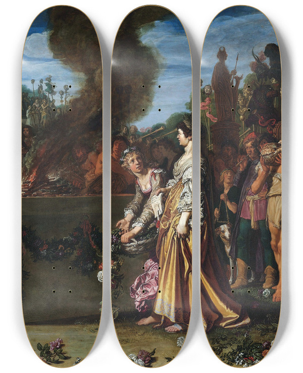 Triptych art skateboard deck of Pieter Lastman Orestes And Pylades Disputing At The Altar by Pieter Lastman (1583-1633)