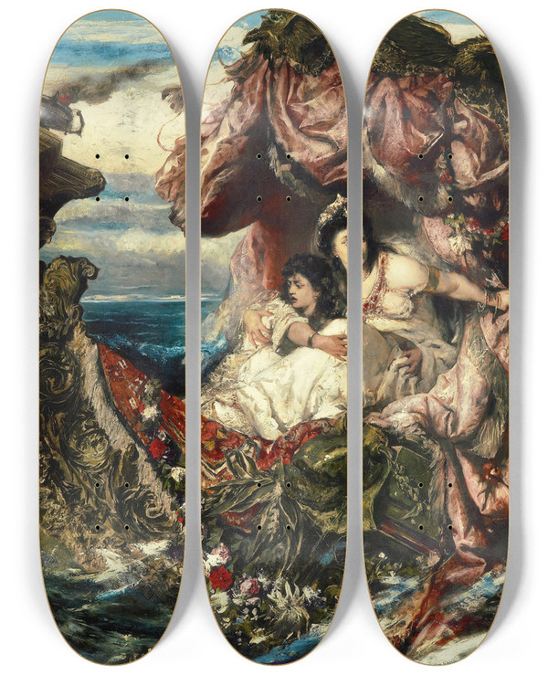 Triptych art skateboard deck of Gustav Wertheimer The Shipwreck Of Agrippina by Gustav Wertheimer (1847-1902)