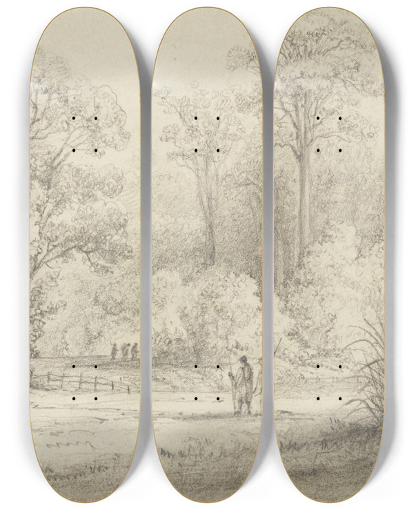 Triptych art skateboard deck of William Swainson Hutt Road From The Windows Of Hawkeshead by William Swainson (1789-1855)