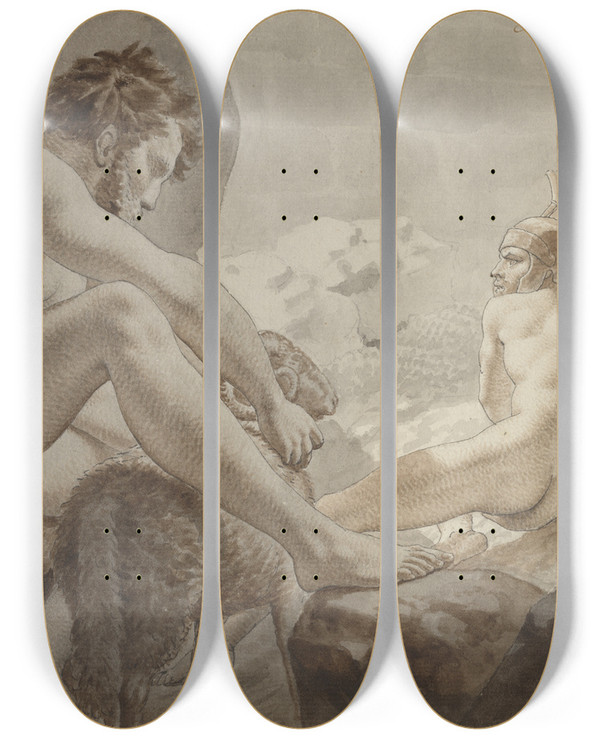 Triptych art skateboard deck of Christoffer Wilhelm Eckersberg Odysseus Flygter Fra Polyfem_2 by Christoffer Wilhelm Eckersberg (1783-1853)