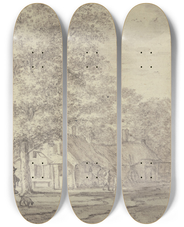Triptych art skateboard deck of Jacob Cats Htten Unter Bumen Dabei Eine Wasserhebemaschine by Jacob Cats (1741-1799)