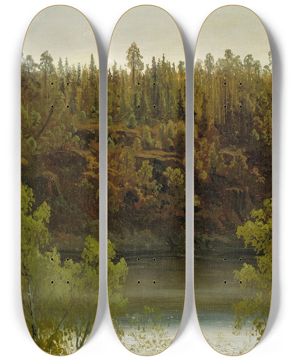 Triptych art skateboard deck of Marcus Larson Swedish Lake Study by Marcus Larson (1825-1864)