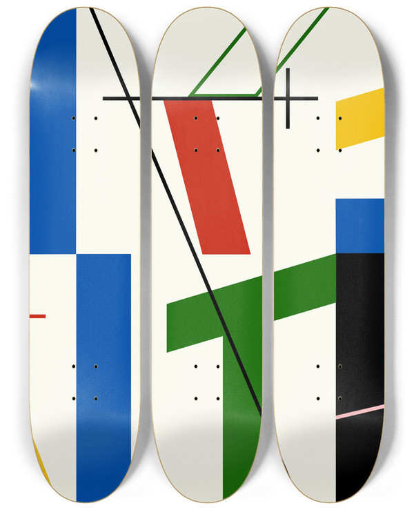 Triptych art skateboard deck of Myriam Thyes Six Spaces With Four Small Crosses by Myriam Thyes (1963)