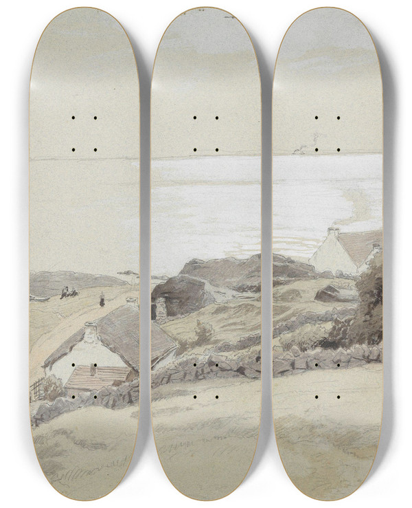 Triptych art skateboard deck of Hans Gude Fra Kysten Ved Corrie Arran Skottland by Hans Gude (1825-1903)