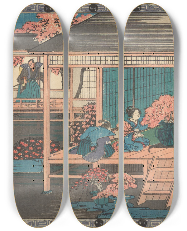 Triptych art skateboard deck of And Hiroshige Two Ronin Looking Into Yoshiwara by Ando Hiroshige (1797-1858)