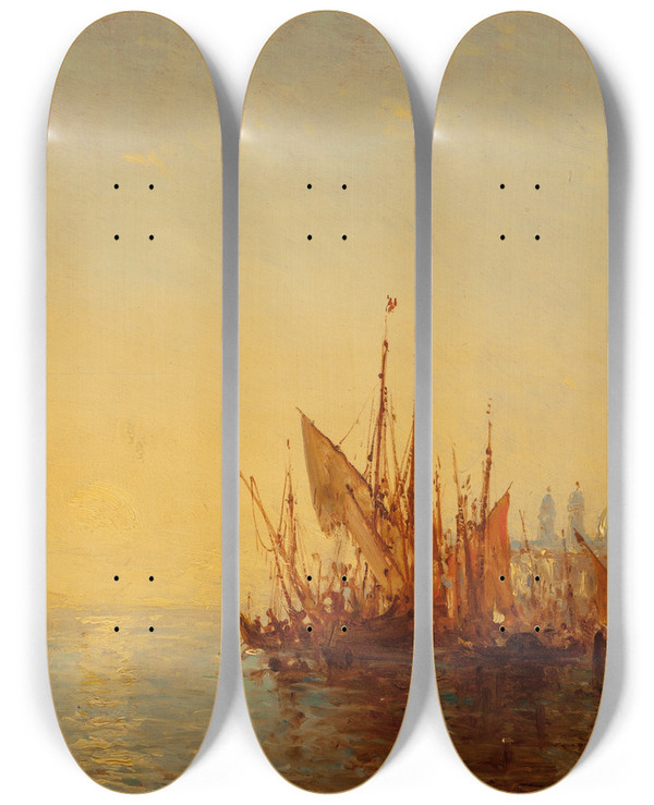 Triptych art skateboard deck of Flix Ziem Bacino Di San Marco by Felix Ziem (1821-1911)