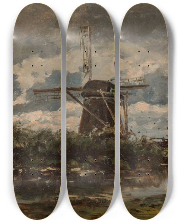 Triptych art skateboard deck of Willem Roelofs Bords Du Gein Pres Dabcoude The River Gein Near Abcoude by Willem Roelofs (1822-1897)