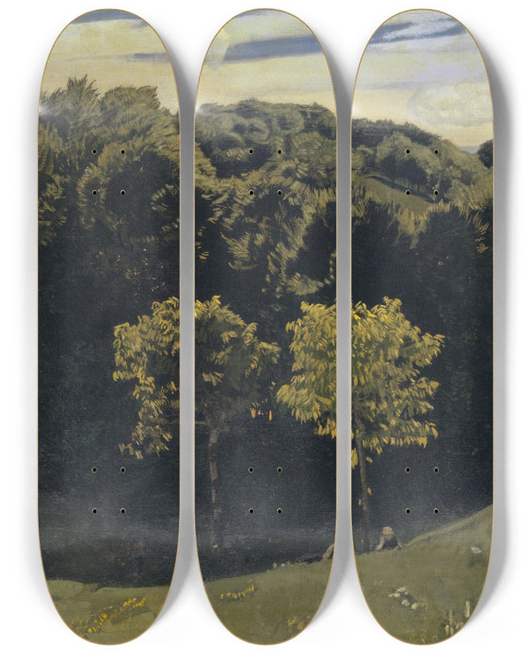 Triptych art skateboard deck of Hans Sandreuter The Rhine Near Basel View Toward Upper Rhine Valley by Hans Sandreuter (1850-1901)