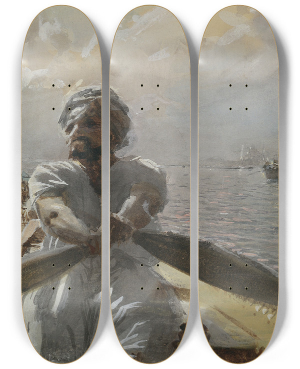 Triptych art skateboard deck of Anders Zorn Turkish Boatman In The Constantinople Harbour by Anders Zorn (1860-1920)
