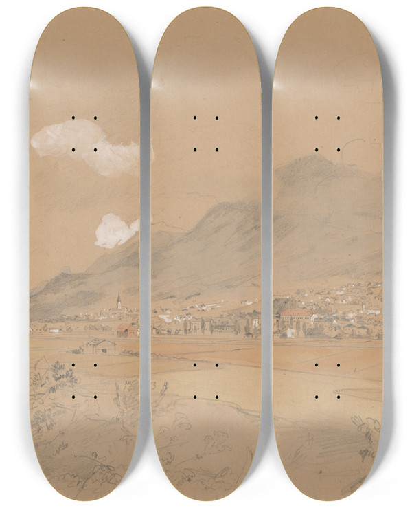 Triptych art skateboard deck of Jan Nowopack View Of A Village Below The Mountains by Jan Nowopacky