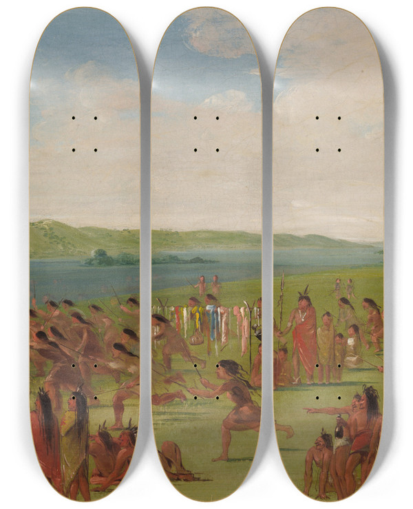 Triptych art skateboard deck of George Catlin Ballplay Of The Women Prairie Du Chien by George Catlin (1796-1872)