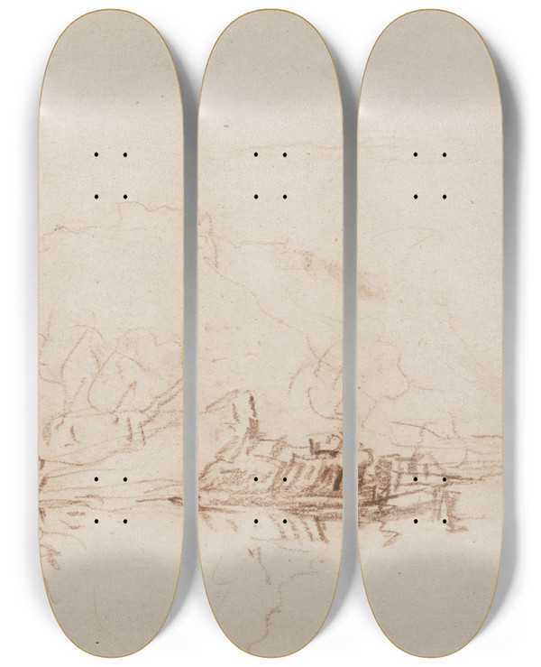 Triptych art skateboard deck of David Cox River Scene_1 by David Cox (1783-1859)