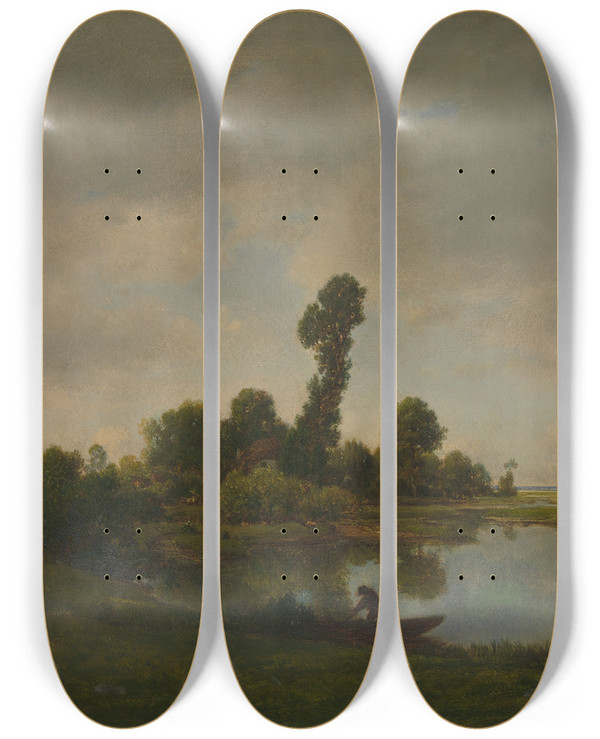 Triptych art skateboard deck of Thodore Rousseau A River Landscape by Theodore Rousseau (1812-1867)