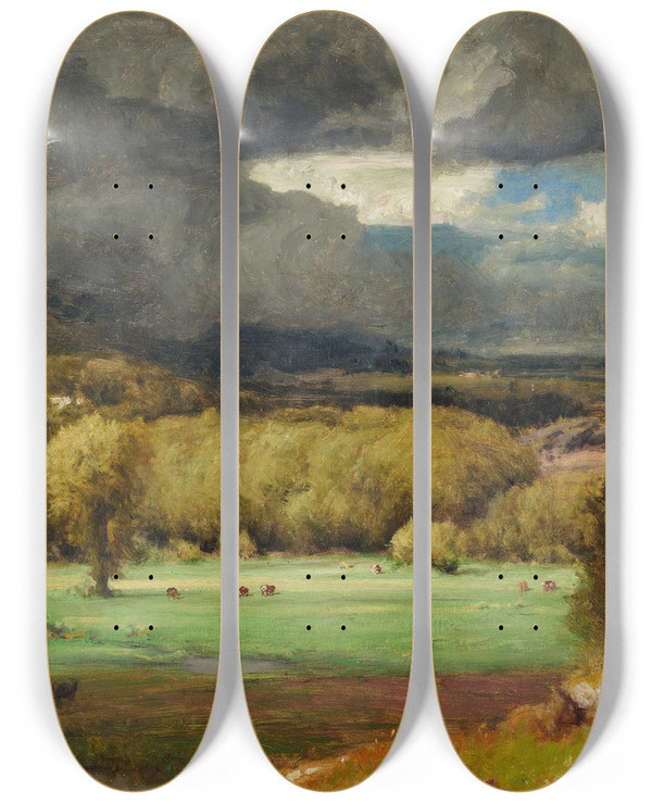 Triptych art skateboard deck of George Inness The Coming Storm by George Inness (1825-1894)