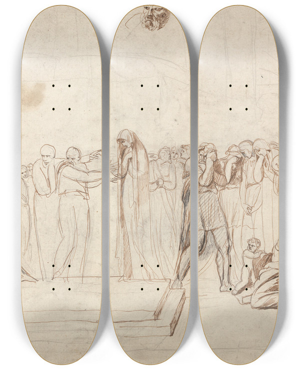 Triptych art skateboard deck of George Romney The Accusation Of Susanna by George Romney (1734-1802)