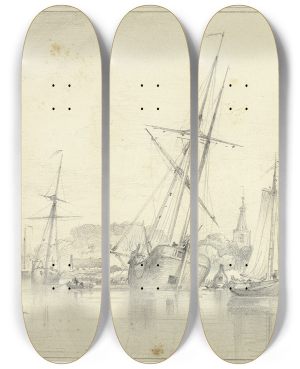 Triptych art skateboard deck of Edward William Cooke Edam by Edward William Cooke (1811-1880)