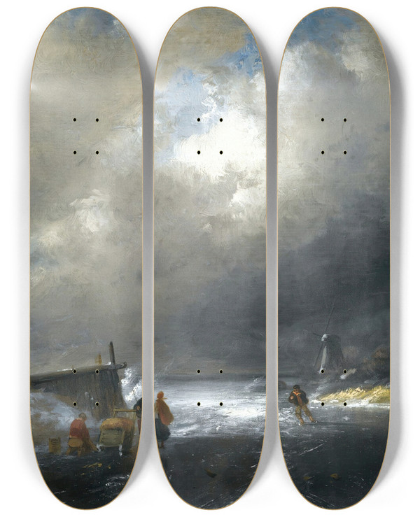 Triptych art skateboard deck of Charles Leickert Figures On A Frozen River by Charles Leickert (1816-1907)