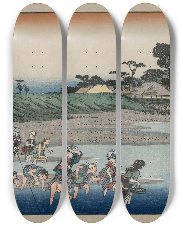 Triptych art skateboard deck of And Hiroshige Gathering Shellfish At Low Tide At Susaki From The Series Famous Places In Edo by Ando Hiroshige (1797-1858)