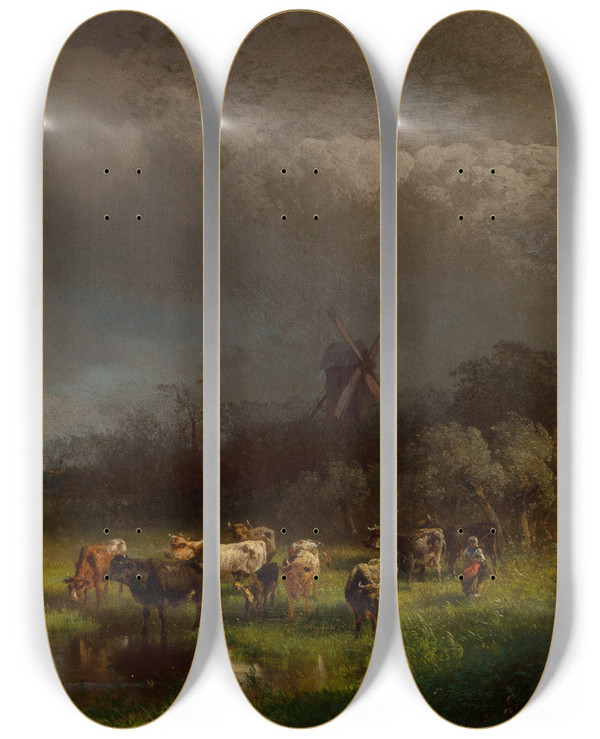 Triptych art skateboard deck of Hermann Ottomar Herzog Landscape With A Windmill by Hermann Ottomar Herzog (1831-1932)