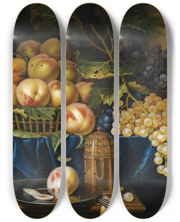 Triptych art skateboard deck of Paul Ligeois Nature Morte Aux Pches Raisins Prunes Et Saupoudreuse En Vermeil by Paul Liegeois (1650-1670)
