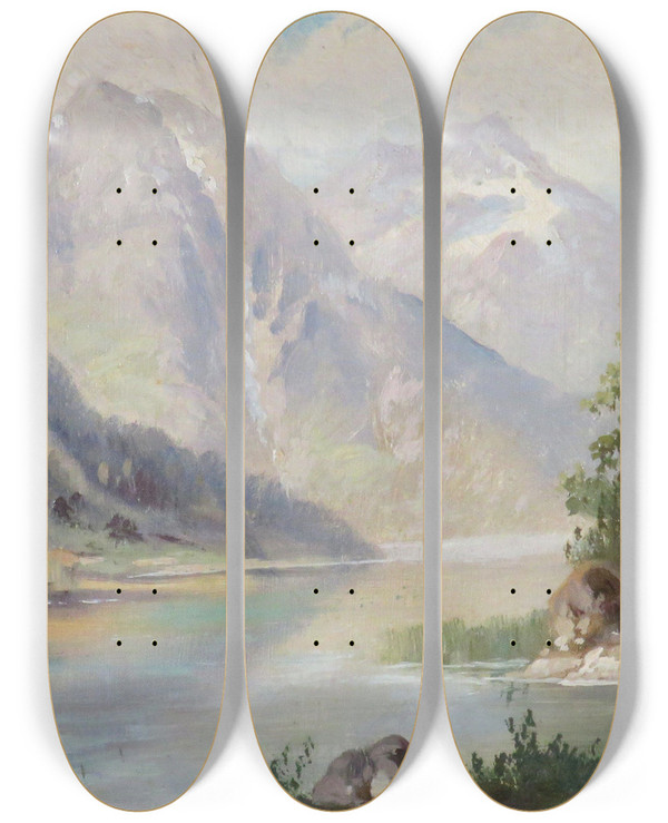 Triptych art skateboard deck of Franz Demel Gebirgssee by Franz Demel (1878-1947)