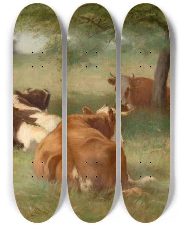 Triptych art skateboard deck of William Henry Howe Cows In A Grassy Field by William Henry Howe (1846-1929)