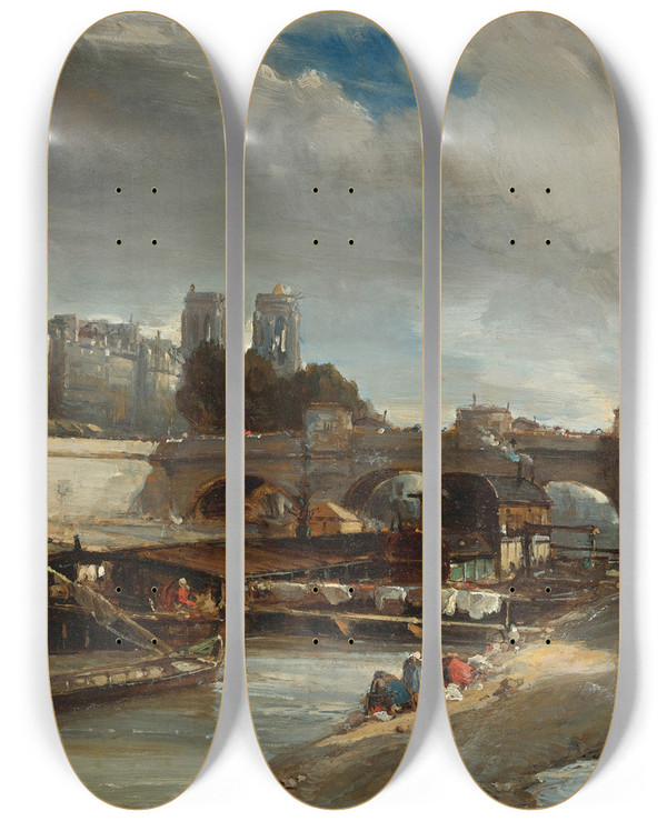 Triptych art skateboard deck of Johan Barthold Jongkind Bateaulavoir Prs Du Pontneuf Paris by Johan Barthold Jongkind (1819-1891)
