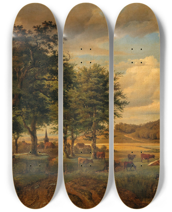 Triptych art skateboard deck of Georg Heinrich Crola A Pasture Landscape With Cows In The Background A Village by Georg Heinrich Crola (1804-1879)