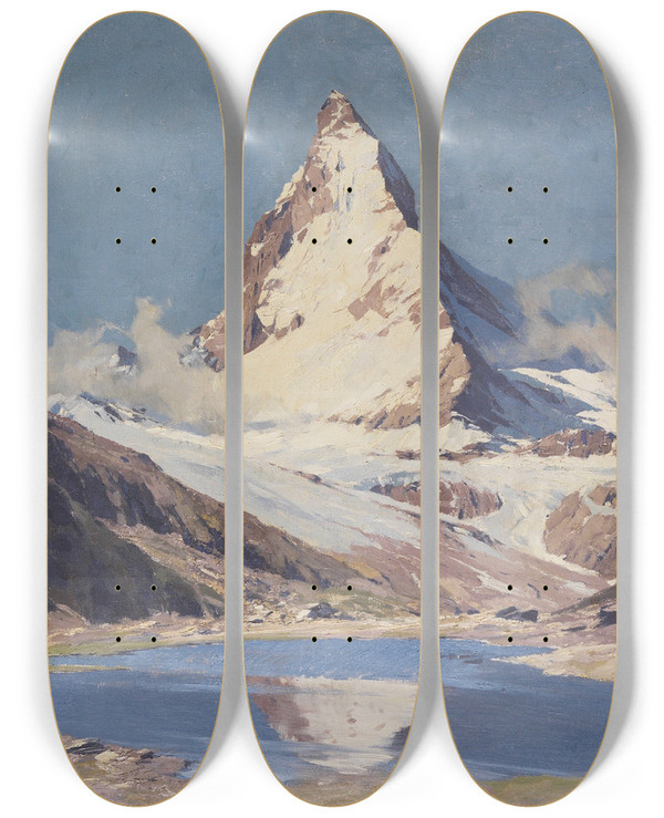 Triptych art skateboard deck of Hans Maurus Matterhorn Vom Riffelsee by Hans Maurus (1901-1942)